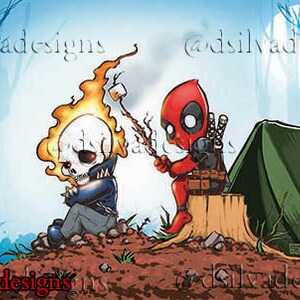 May include: A digital illustration of Ghost Rider and Deadpool camping in the woods. Ghost Rider is sitting by a campfire, while Deadpool is roasting a marshmallow on a stick. The image is in a cartoon style and features a green tent in the background.