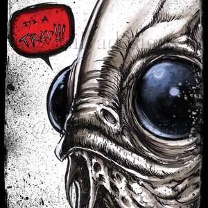 Puede incluir: Una ilustración en blanco y negro de una criatura con ojos grandes y un cuerpo texturizado y escamoso. La criatura está mirando hacia la izquierda y una burbuja de diálogo roja sobre ella dice "¡Es una trampa!!".