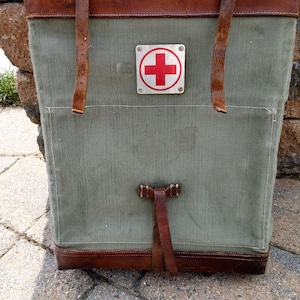 Vintage Swiss Military Green Canvas and Heavy Leather Hardback Medic Rucksack/Backpack