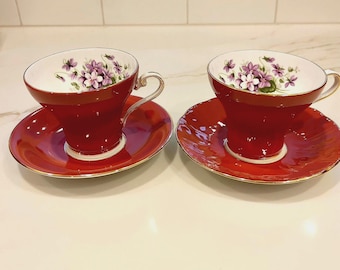 Vintage Aynsley Teacup & Saucer Set, Oxblood Red, Violet Interior