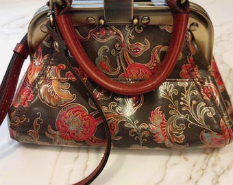 Patricia Nash Floral Leather Frame Purse-Vintage-Style Crossbody Handbag-Antiqued Brass Closure