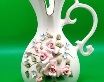 Vintage Lefton Hand Painted Porcelain Pitcher With Handle