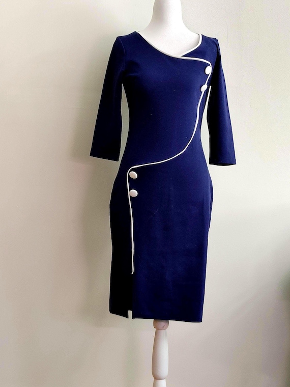 Vintage Style Navy Blue Dress: White Trim, Back Zipper, Fitted Waist - Etsy