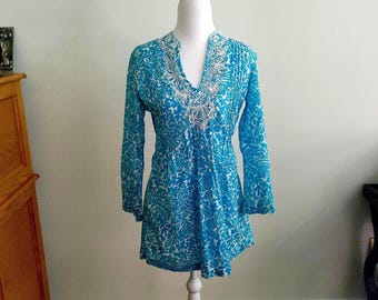 Classic Lily Pulitzer Teal Tunic Beaded V-Neck 3/4 Length Sleeve Blouse