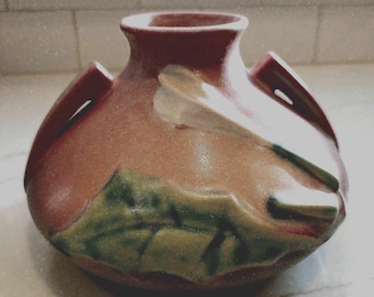 Vintage Roseville Thornapple Vase, Green & Blush Art Pottery, c. 1937-1941