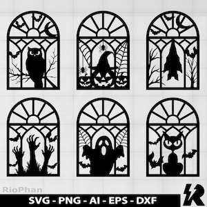 May include: Black silhouette designs of Halloween-themed arched windows. Each window features a different spooky scene: an owl, a witch's hat on a pumpkin, a bat, zombie hands, a ghost, and a black cat. The bottom of the image has the text "SVG - PNG - AI - EPS - DXF".