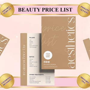 Aesthetic Price List Template – Editable Beauty Salon Menu Design for Botox, Lip Filler, Fat Removal & Injectable Services – Printable
