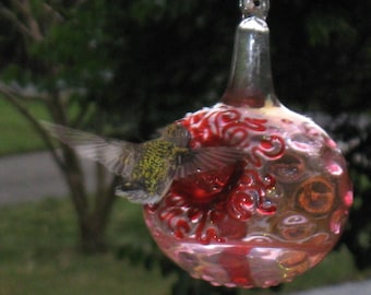 Hand Blown Glass Hummingbird Feeder: Gold Hobnail, No Drip, Free Gift Wrap