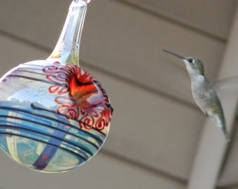 Hand Blown Glass Hummingbird Feeder: Black Accent, No Drip, Free Gift Wrap