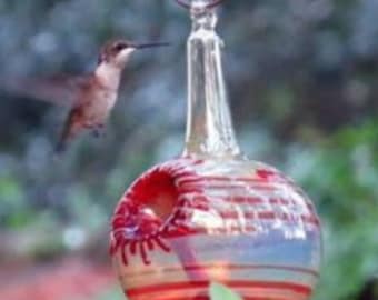 Hand Blown Glass Hummingbird Feeder: Red Accent, No Drip, Free Gift Wrap