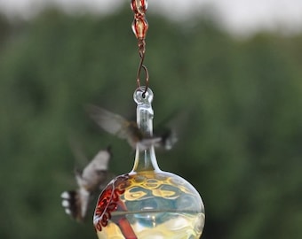 Hand Blown Glass Hummingbird Feeder: Silver Hobnail, No Drip, Glass/Copper Hanger, Free Gift Wrap