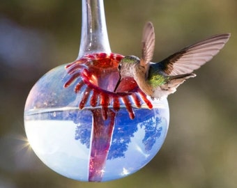 Hand Blown Glass Hummingbird Feeder: Original Silver, No Drip Design, Free Gift Wrap