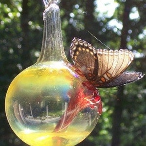 May include: A clear glass ornament with a yellow and red butterfly inside. The ornament is hanging from a gold chain.