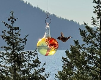 Hand Blown Glass Hummingbird Feeder: Original Silver, No Drip Design, Free Gift Wrap