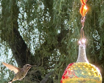 Hand Blown Glass Hummingbird Feeder: Silver Hobnail, No Drip, Glass/Copper Hanger, Free Gift Wrap