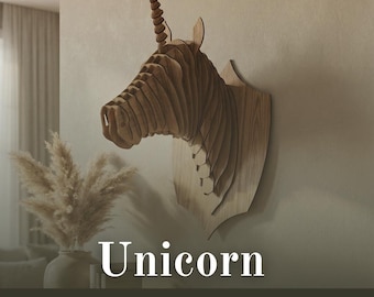Trójwymiarowa, warstwowa głowa jednorożca SVG | Wycinana laserowo drewniana dekoracja ścienna (plik cyfrowy)