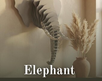 Trójwymiarowa głowa słonia | Wycinana laserowo grafika ścienna (plik cyfrowy)