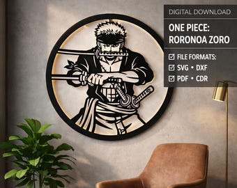 Plik wycinany laserowo One Piece Zoro | Projekt CNC sztuki ściennej anime (pobranie cyfrowe)