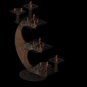 Puede incluir: Un expositor de ajedrez de madera de varios niveles con un soporte curvo. Cada nivel contiene un tablero de ajedrez con piezas. Las piezas son de color cobre y el expositor tiene un acabado de vetas de madera oscura.