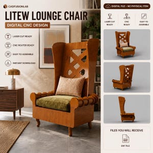 Könnte beinhalten: Ein hölzerner Litew Lounge Chair mit hohem Rücken und dekorativen Ausschnitten. Der Stuhl hat ein grünes Kissen, ein gemustertes Kissen und ein detailliertes Armlehnen-Design. Der Text "Digital CNC Design" ist ebenfalls enthalten.