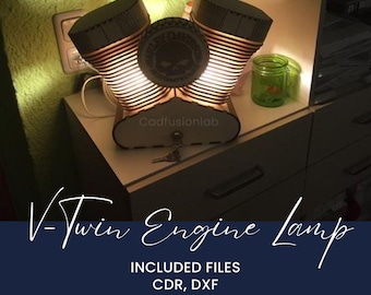 Pliki do laserowego cięcia lampy silnika V-Twin – dekoracje do garażu motocyklowego (DXF, CDR)