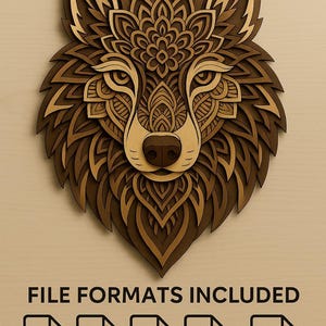 May include: A layered wooden wolf head with intricate geometric patterns in shades of brown and tan. The design includes detailed eyes, nose, and fur. Text at the bottom reads "FILE FORMATS INCLUDED" with EPS, SVG, DVF, DXF, and PDF icons.