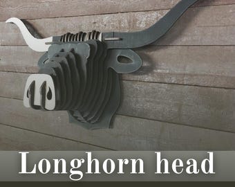 Szablon wycinany laserowo z trójwymiarową, warstwową głową longhorna | Cyfrowy plik sztuki ściennej w stylu western