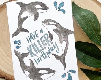 Tarjeta de cumpleaños de orca asesina / Feliz cumpleaños / Interior en blanco