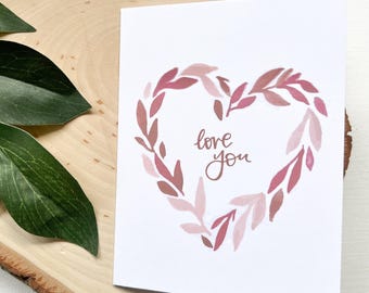 Tarjeta de felicitación con corona de corazones "Te amo" / Tarjeta de San Valentín / Interior en blanco