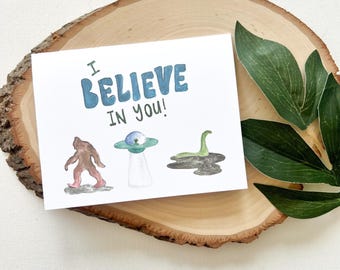 Tarjeta de felicitación "Creo en ti", criaturas míticas, tarjeta de ánimo, interior en blanco