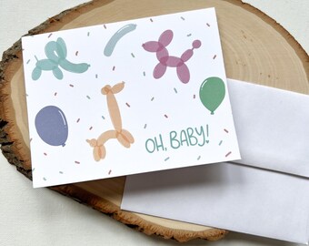 Tarjeta de felicitación con forma de globo de Oh Baby / Tarjeta para baby shower / Interior en blanco