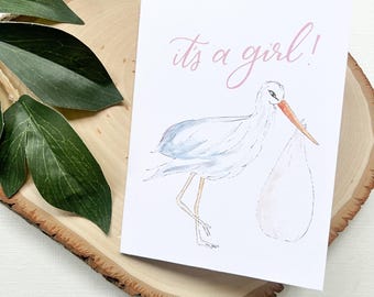 ¡Es una niña! Tarjeta de felicitación para embarazo o baby shower. Interior en blanco.