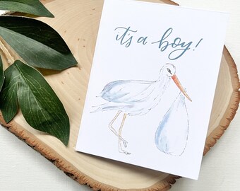 Tarjeta de felicitación para el embarazo o baby shower. ¡Es un niño! Interior en blanco.