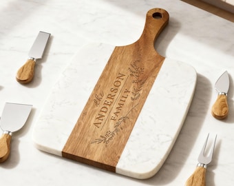 Personalized Charcuterie Board, Custom Engraved Wood Marble Cheese Board, Wedding, Anniversary, Christmas or Housewarming Gift