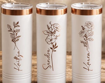 Personalized Birth Flower Skinny Tumbler, Birthday Gift for Her,Custom Name Cup,Bridesmaid Proposal,Bachelorette Cup,Mom Gift,Christmas Gift