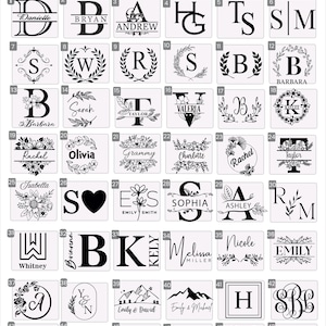 May include: A design chart featuring various monogram and name designs. The chart includes a variety of fonts, floral accents, and shapes, with names like "Danielle," "Bryan," and "Andrew." The text "DESIGN CHART" is at the top.