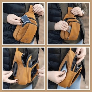 May include: A tan leather sling bag with multiple zippered compartments. The bag features a sun logo with the text "LUNA MIA". The bag is worn across the body, showcasing its design and functionality.