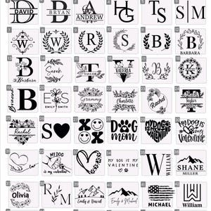 May include: A design chart featuring various monogram and name designs. The chart includes initials, names, and decorative elements like wreaths, hearts, and floral accents. The designs are displayed in individual squares.