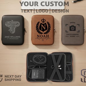 May include: Customizable tech cases in black, brown, and gray, featuring personalized logos and text. One case displays a circuit board design with "JAKE WILLIAMS IT MANAGER." Another has a crown and the name "NOAH." The third case has a camera icon.