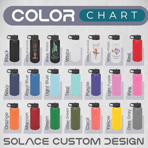Puede incluir: Tabla de colores que muestra varias botellas de agua aisladas. Las botellas vienen en una gama de colores, incluyendo negro, rojo y turquesa. Cada botella tiene una tapa negra. El texto "COLOR CHART" y "SOLACE CUSTOM DESIGN" tambi&eacute;n es visible.