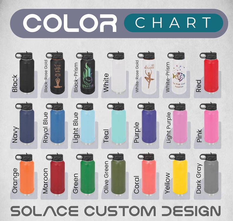 Puede incluir: Tabla de colores que muestra varias botellas de agua aisladas. Las botellas vienen en una gama de colores, incluyendo negro, rojo y turquesa. Cada botella tiene una tapa negra. El texto "COLOR CHART" y "SOLACE CUSTOM DESIGN" tambi&eacute;n es visible.