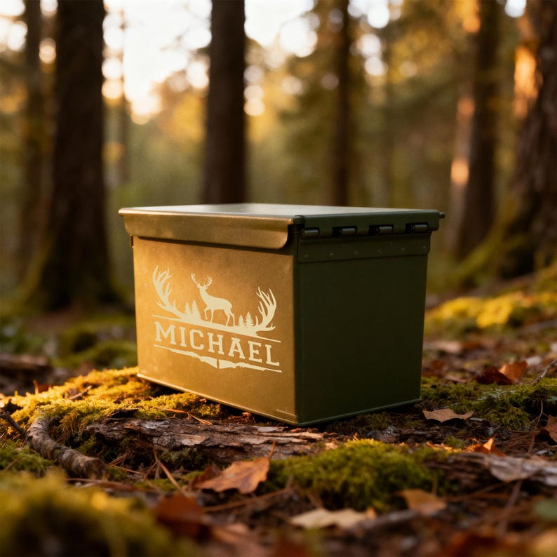 May include: An olive green metal storage box with a hinged lid. The box features a white graphic of a deer and the name "MICHAEL" in a decorative font. The box is sitting on a bed of moss and leaves in a forest setting.