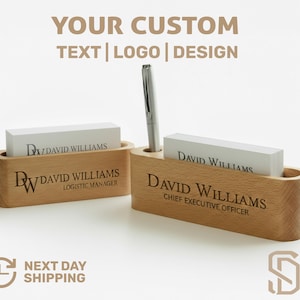 Personalized Wooden Business Card Holder & Pen Slot, Custom Engraved Desk Organizer,Office Gift, Corporate Gift Idea, Christmas Gift for him