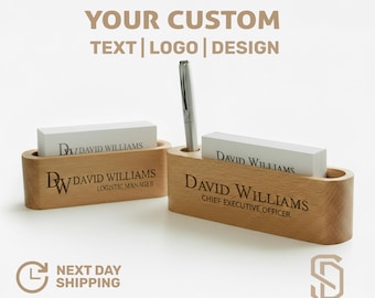 Personalized Wooden Business Card Holder & Pen Slot, Custom Engraved Desk Organizer,Office Gift, Corporate Gift Idea, Christmas Gift for him