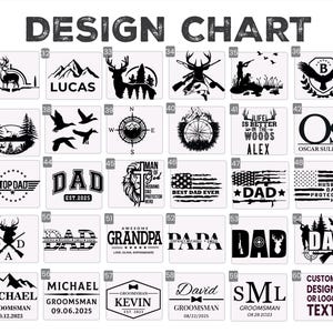 May include: A design chart featuring various graphic designs, including deer, mountains, compasses, and text such as "DAD," "BEST DAD EVER," and names. The designs are displayed on rectangular backgrounds, suitable for personalized gifts.