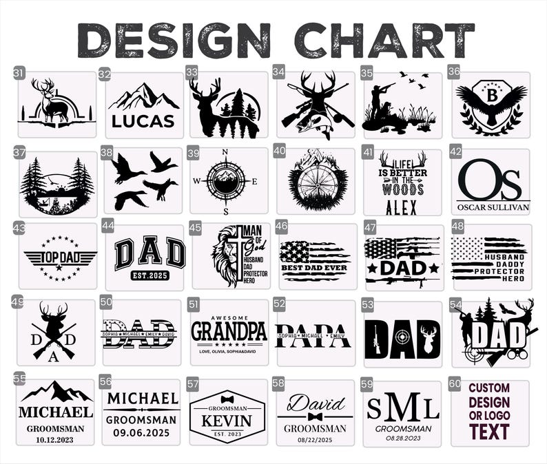 May include: A design chart featuring various graphic designs, including deer, mountains, compasses, and text such as "DAD," "BEST DAD EVER," and names. The designs are displayed on rectangular backgrounds, suitable for personalized gifts.
