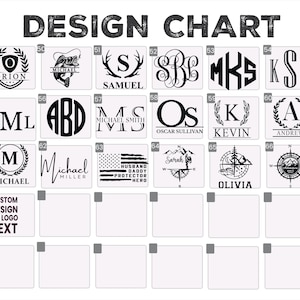 May include: A design chart featuring various logo and monogram options. The chart includes designs with initials, names, and symbols like a fishing lure, compass, and laurel wreaths. Text includes "DESIGN CHART", "ORION", "MICHAEL", "SAMUEL", "OSCAR SULLIVAN", "KEVIN", "ANDREW", "MICHAEL", "MICHAEL MILLER", "HUSBAND DADDY PROTECTOR HERO", "SARAH", "OLIVIA", and "CUSTOM DESIGN OR LOGO TEXT".