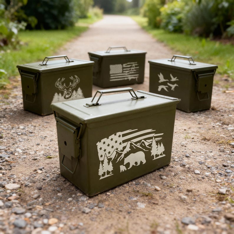 May include: Four olive green metal ammo boxes with white graphic designs. One box features a bear, trees, and mountains with a flag design. Other boxes have a deer, flag, and birds. Each box has a metal handle and latch.