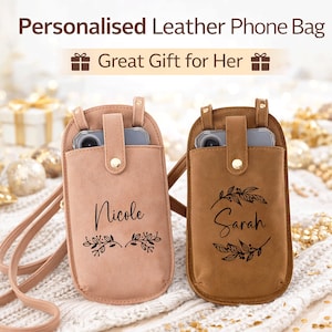 May include: Two personalized leather phone bags in the image. One is a light pink color, the other is brown. Each bag has a name and floral design. The text at the top says "Personalised Leather Phone Bag" and "Great Gift for Her".