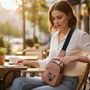 May include: A dusty rose sling bag with a black strap, worn across the body. The bag has a front pocket and a graphic design. The person is sitting at a cafe table with a cup of coffee and a small potted plant.